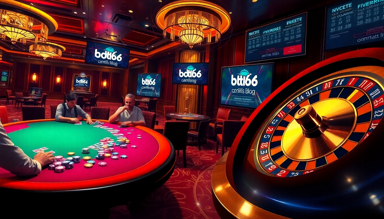 Vibrant casino scene showcasing poker action and roulette with bdtk66 blog branding.