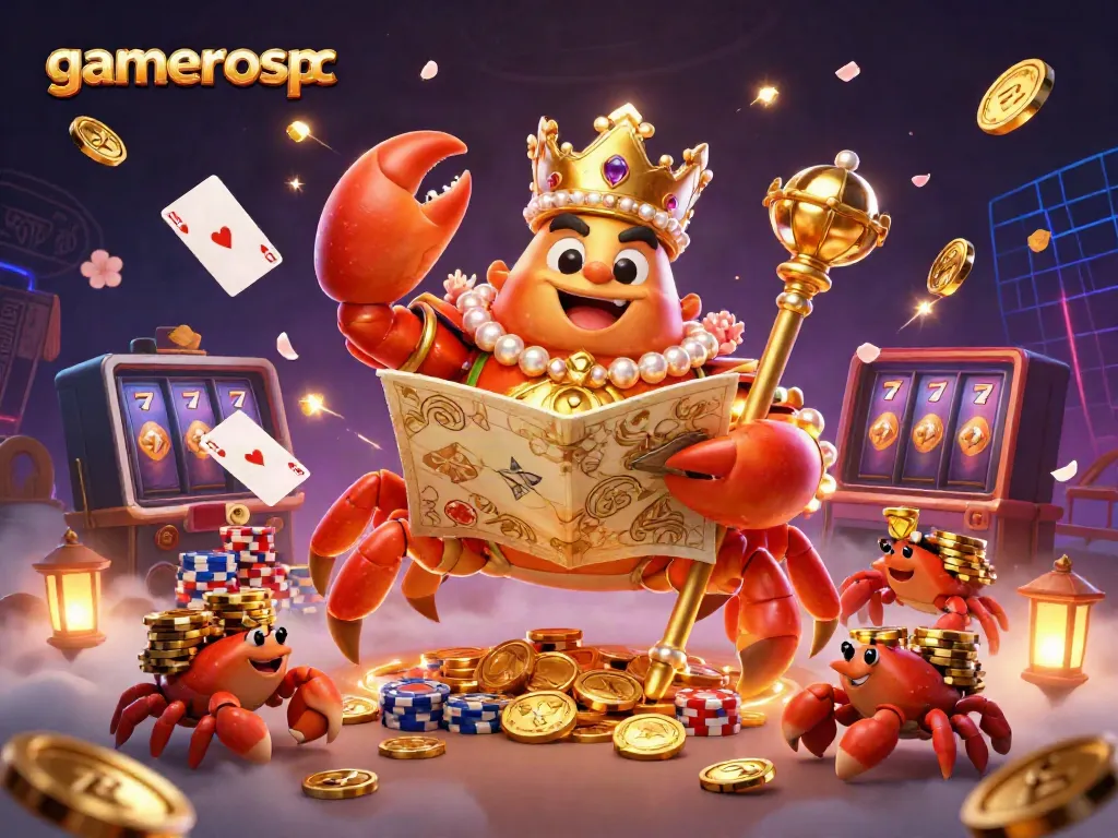 Play slots and win big at gamerospc with a majestic golden crab emperor and treasure-filled scene.