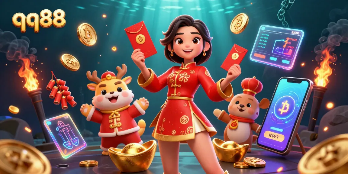 Experience qq88's vibrant online casino with a festive 3D illustration showcasing game elements and characters.