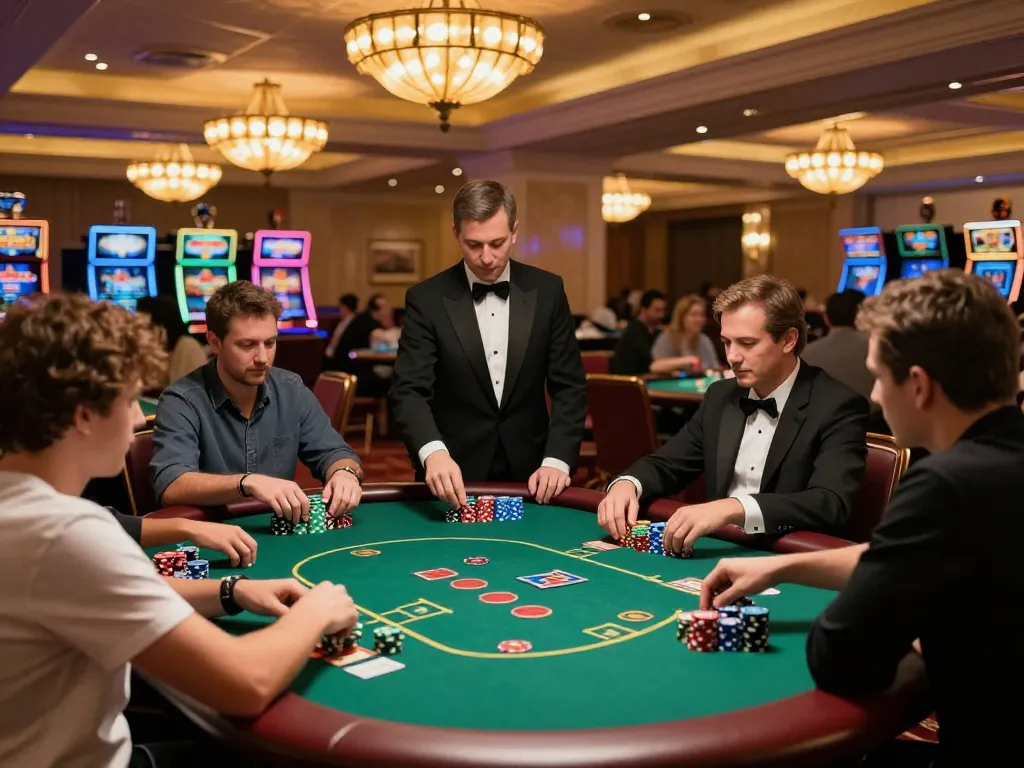 Engaged players at a high-stakes poker table, vibrant casino atmosphere showcasing https://fun88cd.in.net/ gaming excitement.
