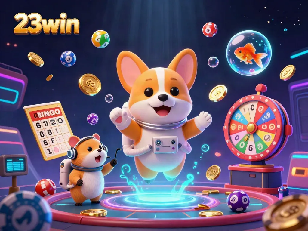 Experience exciting casino opportunities with 23win, featuring a dynamic space scene full of games, colorful elements, and playful characters.