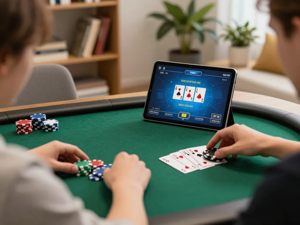 Engaging online poker gameplay on https://mm88.reisen/ tablet, cozy home setting with strategic elements visible.