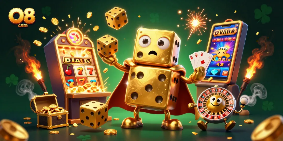Win big with O8 com's explosive gaming atmosphere featuring lively characters and vibrant casino elements.