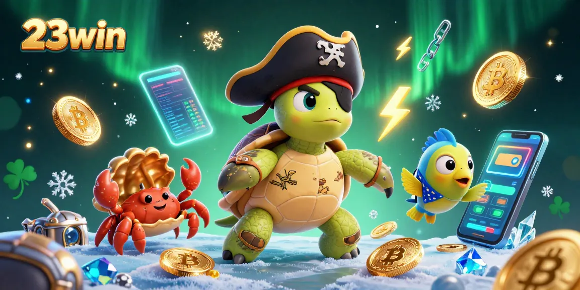 Engage in thrilling gaming action with 23win's vibrant casino characters and cryptocurrency elements.