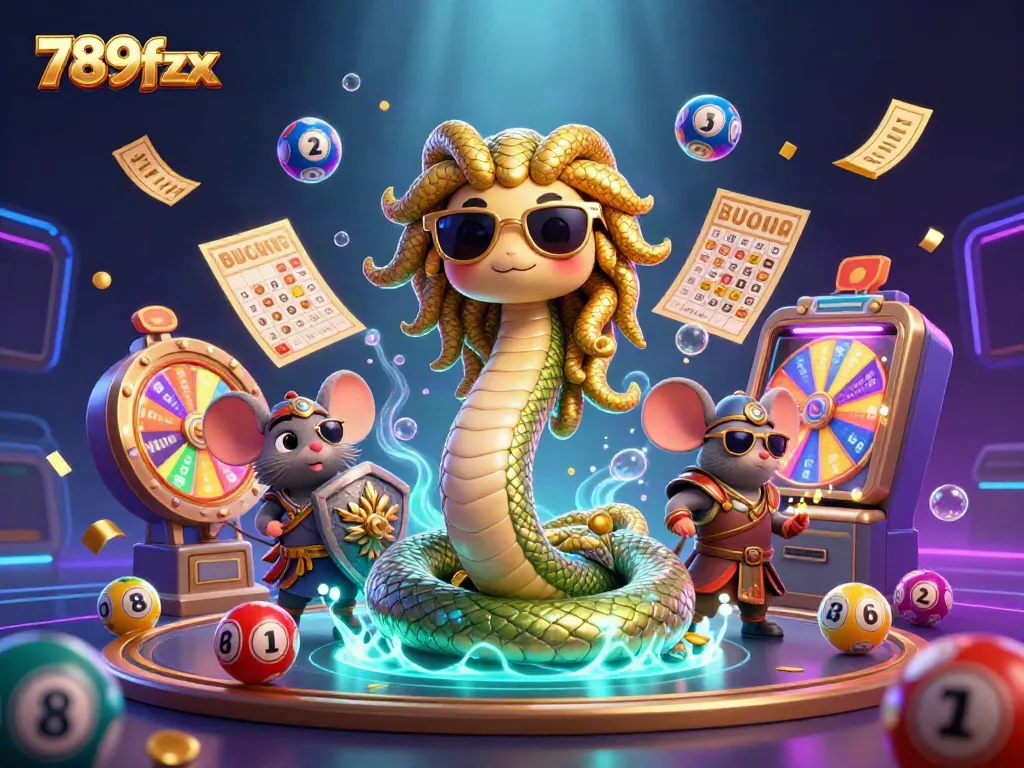 Engaging 3D illustration showcasing the lively casino theme of 789fzx with characters, lottery elements, and vibrant colors.