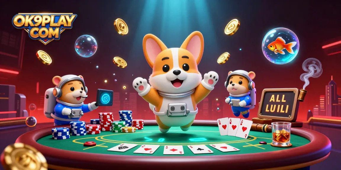 Engage in thrilling play at OK9PLAY COM with cartoon characters enjoying casino fun in space.