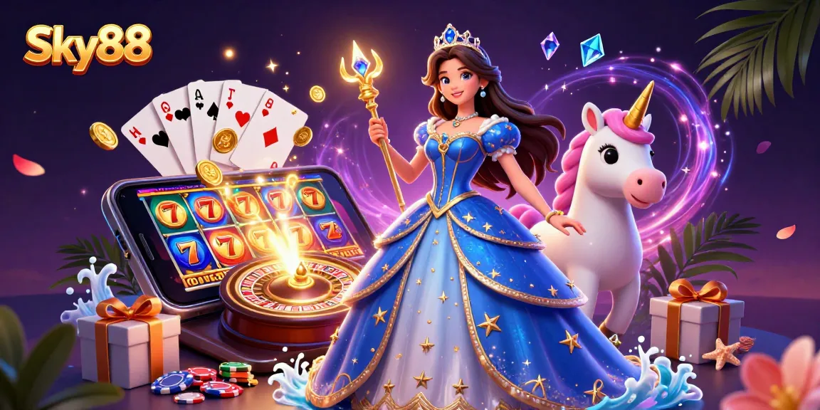 Engage with Sky88's vibrant casino scene featuring a royal player and popular games, rich with excitement and rewards.