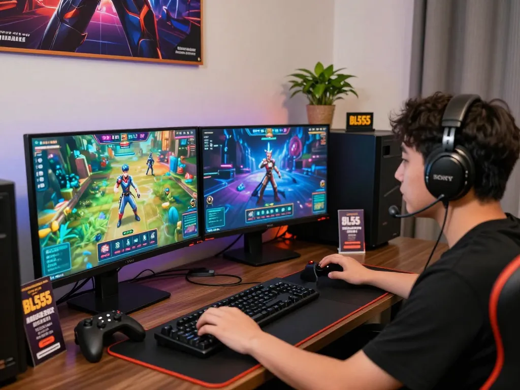 Enthusiastic gamer engaging with BL555's online betting platform, displaying multiple game graphics in a vibrant gaming room.