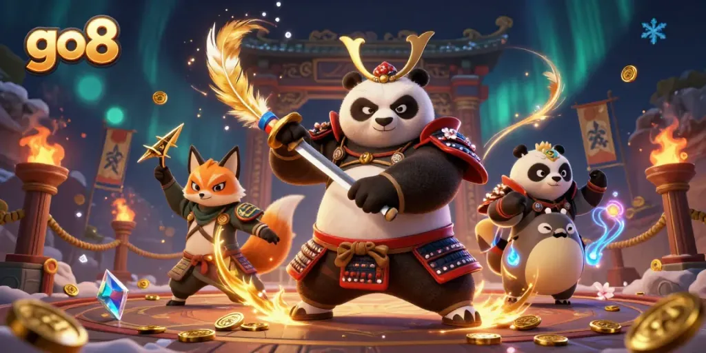 Experience dynamic gaming with go8's fierce samurai panda and ninja fox in a vibrant casino scene.
