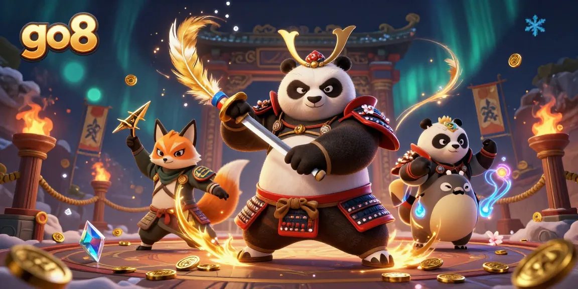 Experience dynamic gaming with go8's fierce samurai panda and ninja fox in a vibrant casino scene.