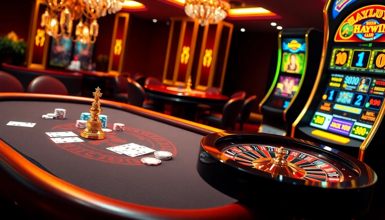 Experience the thrill of gambling with Haywin's luxurious casino setup featuring poker chips and a roulette wheel.