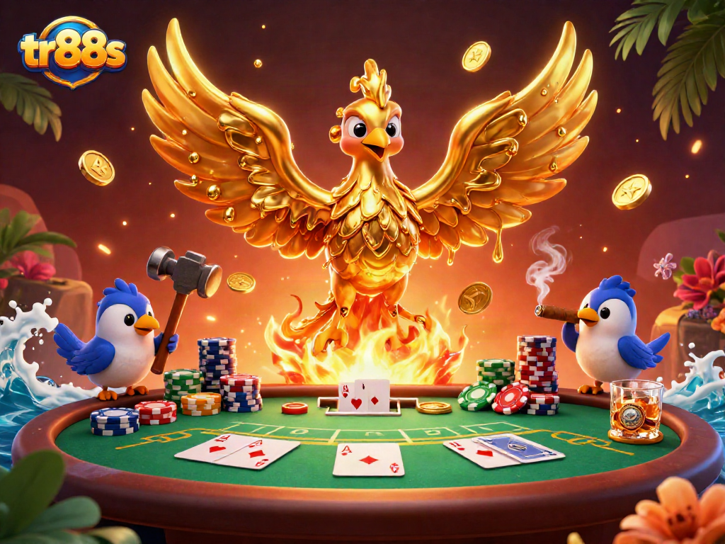 Experience the thrills of tr88s with vibrant poker action featuring golden phoenix symbols and colorful chips