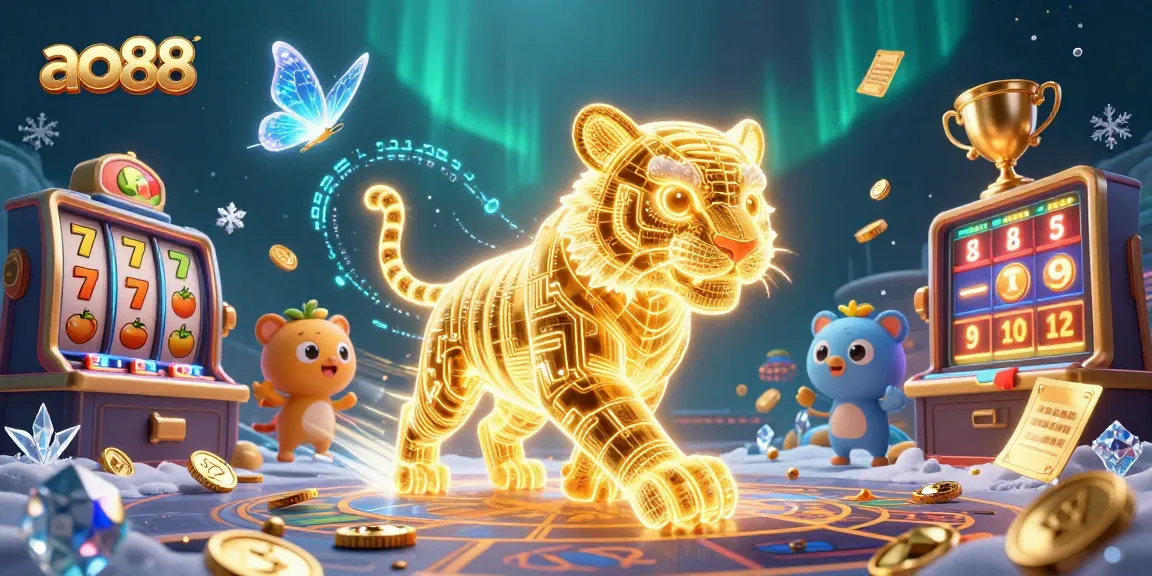 Experience thrilling wins at ao88 with a vibrant digital casino featuring a golden tiger and slot reels.