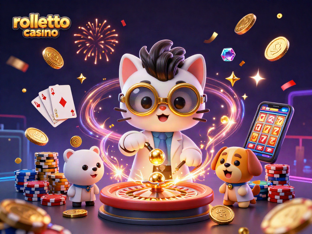 Engage in gaming excitement at rolletto casino with a 3D scene of a mad scientist cat and loyal dog amidst coins and cards.