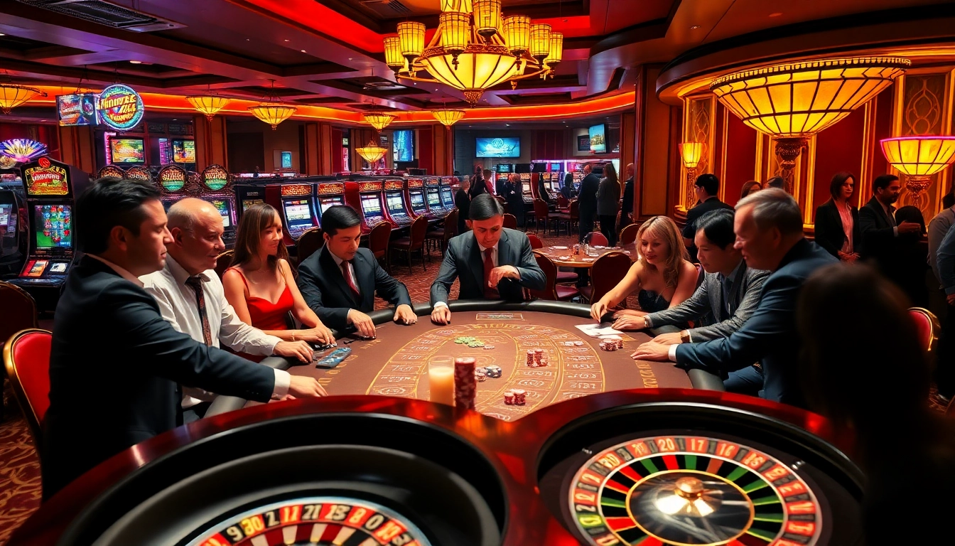 Players enjoying a thrilling poker game at rr99 com, featuring chips, cards, and a roulette wheel.