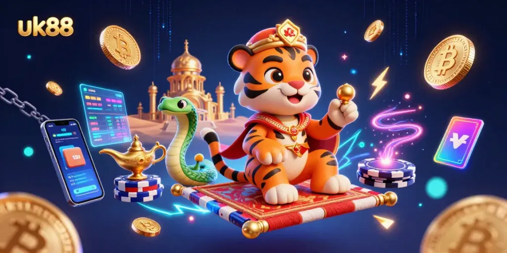 Place bets with uk88 at a vibrant online casino featuring a magical sultan and crypto elements.