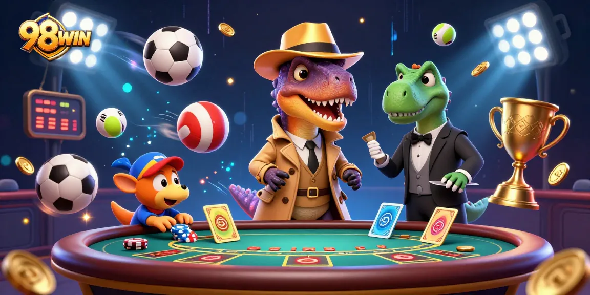 Experience betting thrills at 98WIN with an action-packed casino scene featuring unique characters.