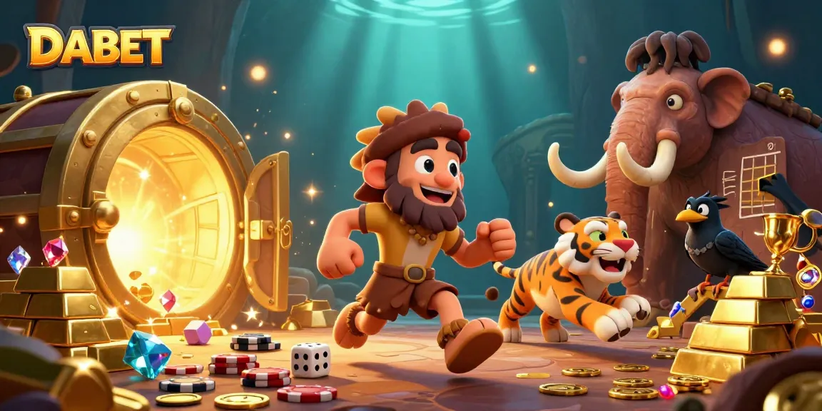 DABET brings excitement to players with a vibrant prehistoric casino scene featuring a caveman and a tiger.