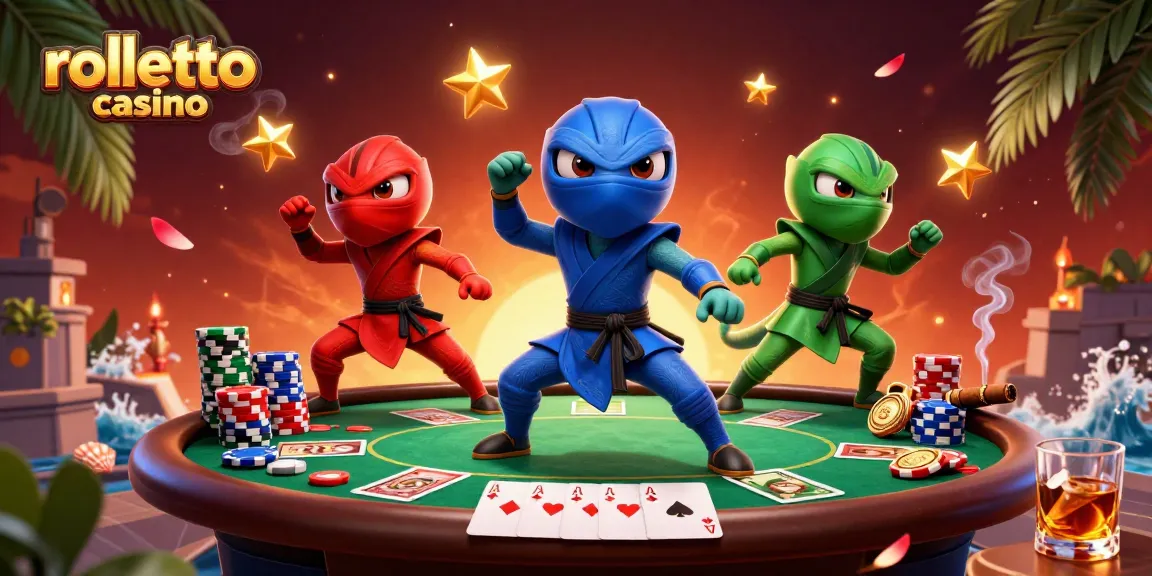 Chameleons showcase martial arts near poker table at rolletto casino, highlighting vibrant casino elements.