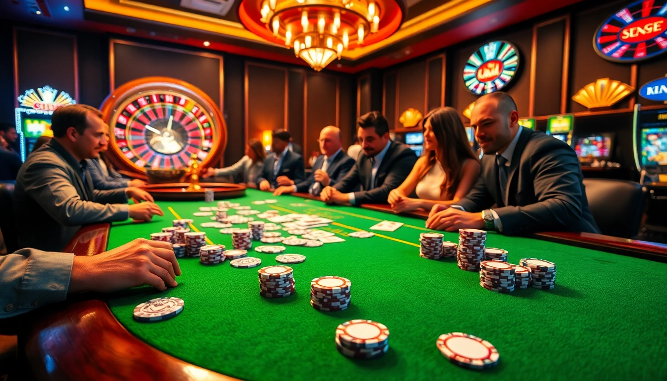 KK55 casino scene with players at a poker table and a spinning roulette wheel.