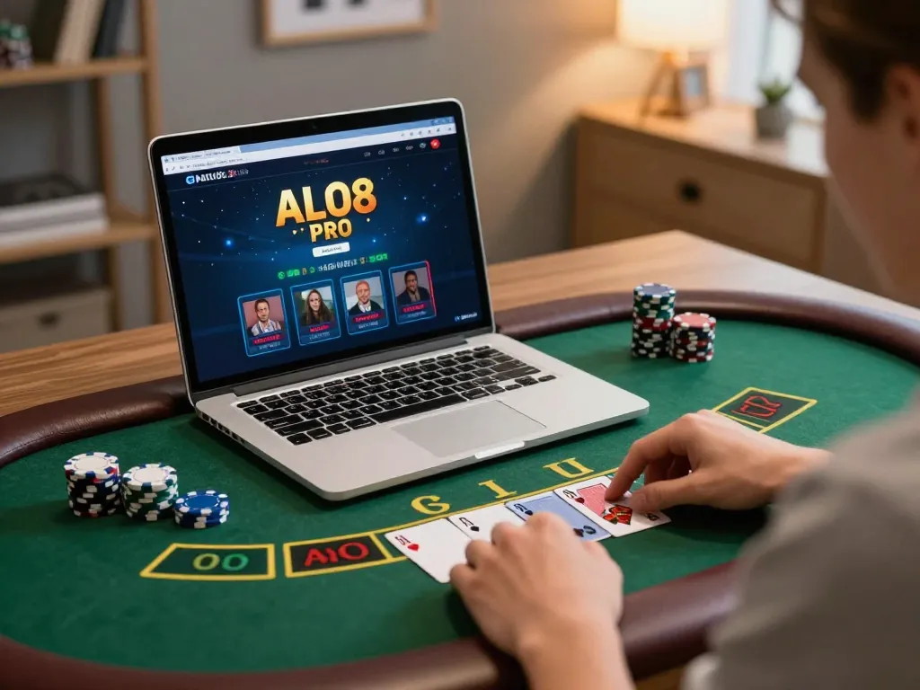 Engaging in live dealer blackjack game on ALO8 PRO platform in a cozy home office setup.