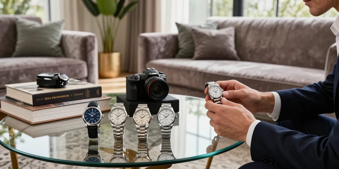 Stylish display of luxury replica watches on a glass table in an elegant living room, capturing the essence of sophisticated design.