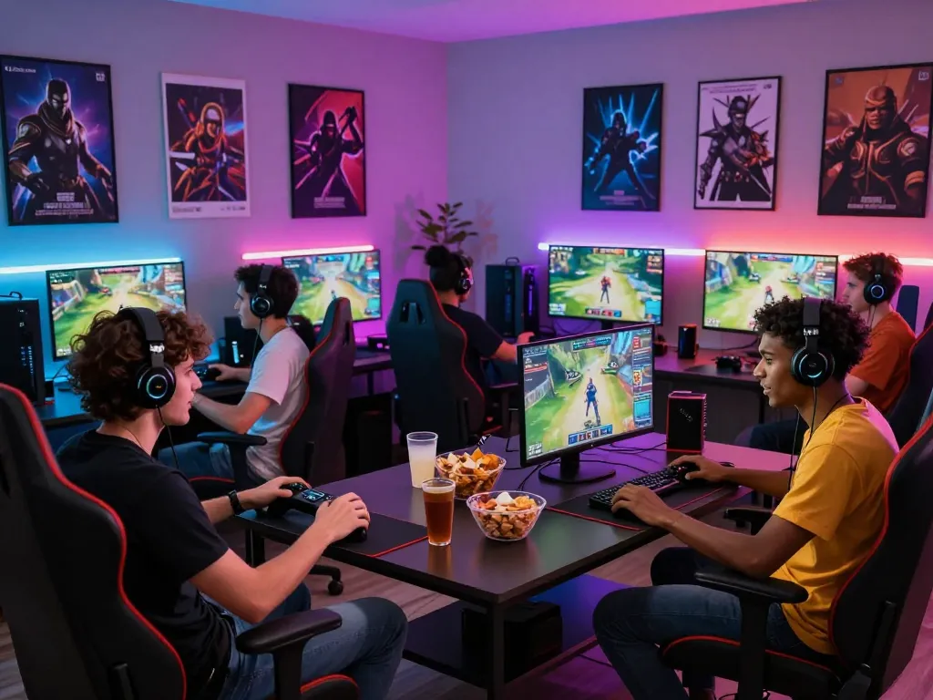 Friends enjoying sunwin online gaming experience with vibrant atmosphere and gaming consoles