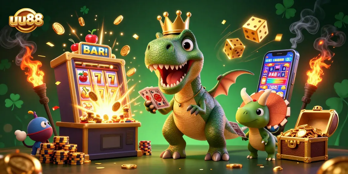 uu88 showcases vibrant gambling adventure with a cartoon T-Rex shuffling cards amid a jackpot explosion.