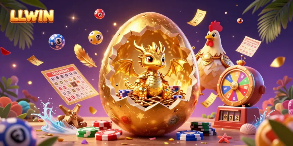 Experience thrilling gaming at LLWIN with a mystical golden dragon and vibrant lottery elements.