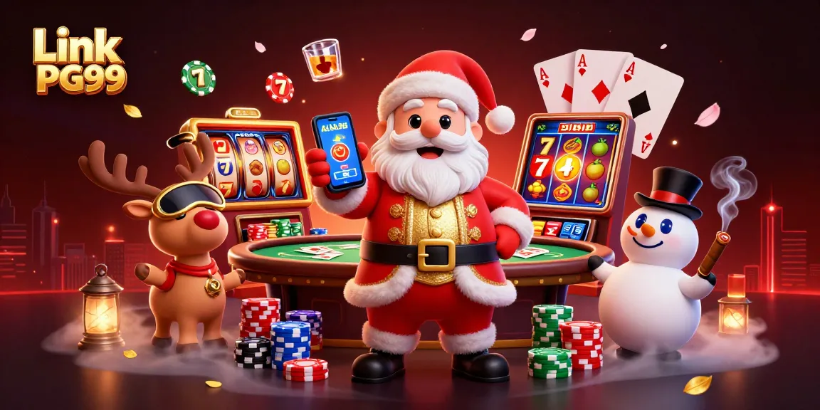 Spin to win with Link PG99 in a vibrant casino scene featuring Santa and friends.