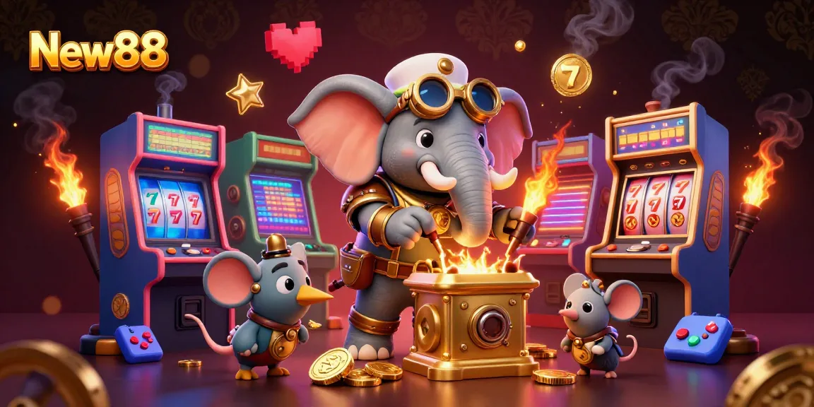Spin the reels at New88 with a steampunk elephant engineer in a vibrant casino environment.