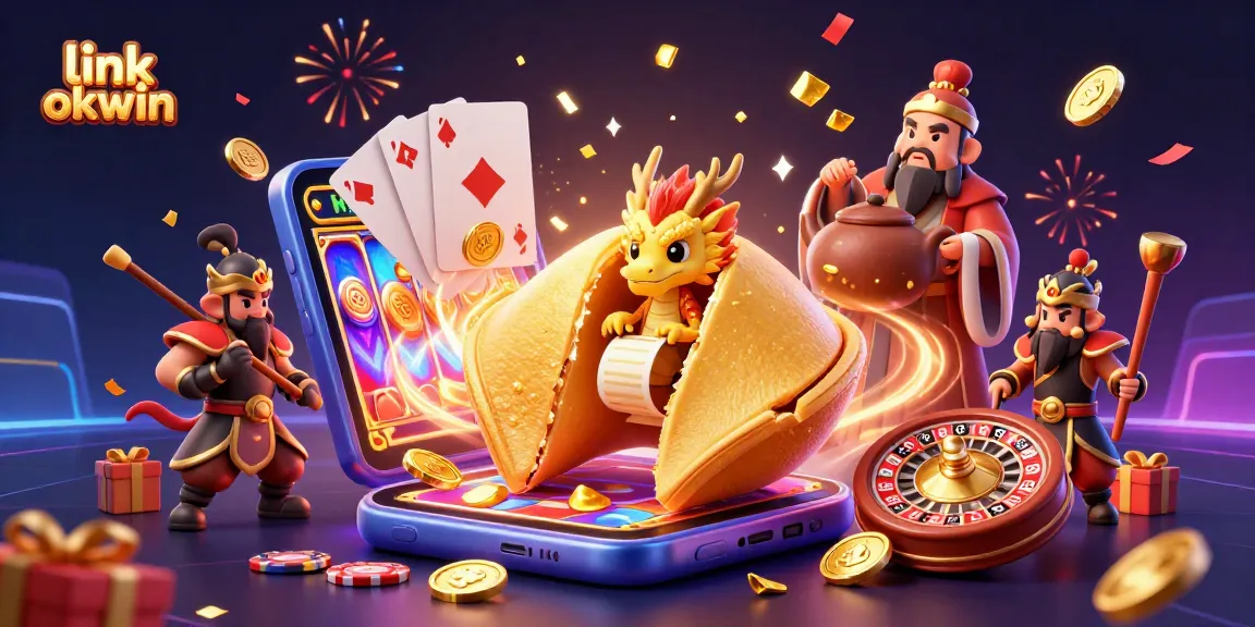 Engage with fortune cookies and gold in a colorful gaming scene featuring link okwin, showcasing dynamic casino elements and exciting gameplay.