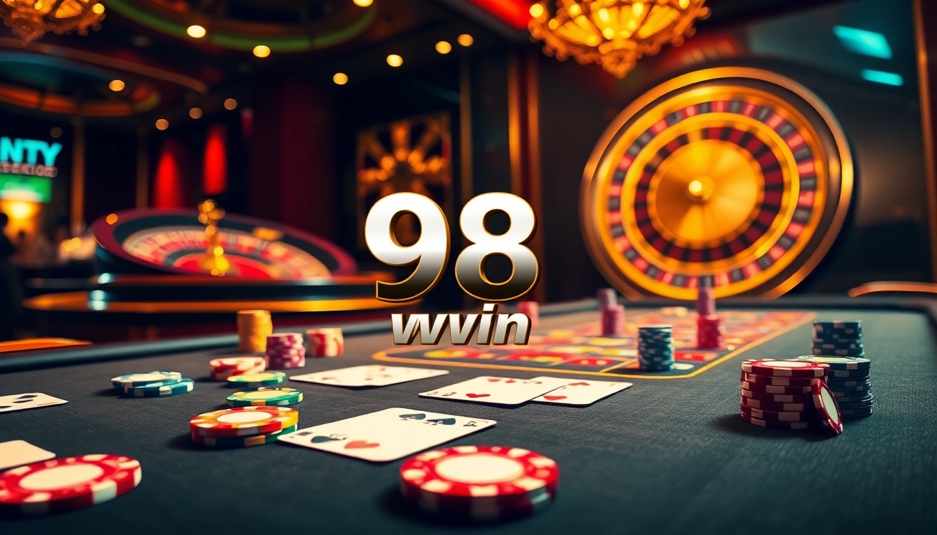 A thrilling poker game scene at a luxurious casino, highlighting the phrase 98 win with vibrant colors and exciting atmosphere.