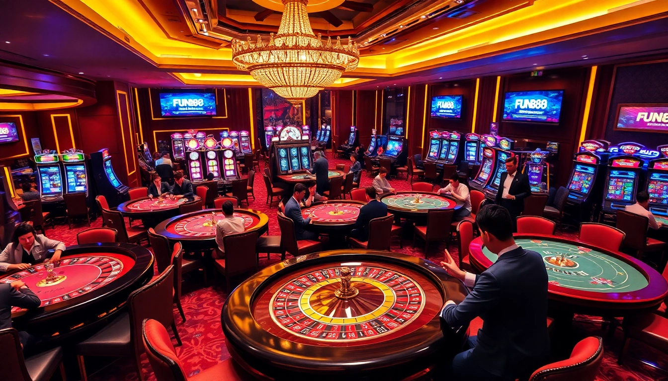 Experience the excitement of FUN88 at a bustling casino with vibrant tables and eager players.