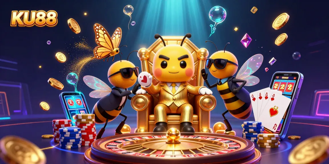 KU88’s vibrant casino scene showcases a bumblebee mob boss surrounded by gold coins and poker chips.