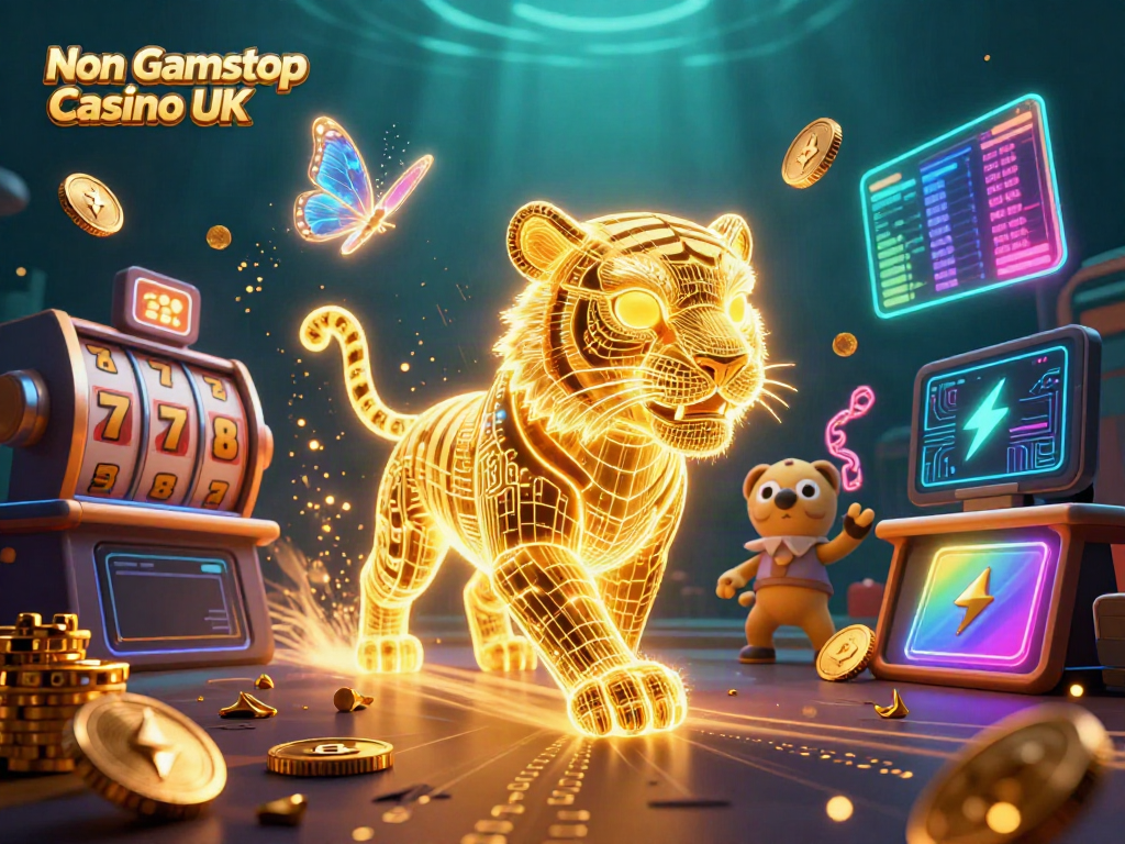 Engage with a vibrant Non Gamstop Casino UK scene featuring a golden energy tiger and digital casino elements.