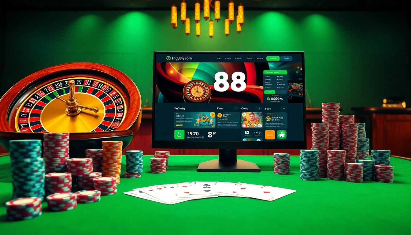 Dynamic gambling scene featuring poker chips, cards, and a roulette wheel at https://lu88y.com/ casino.