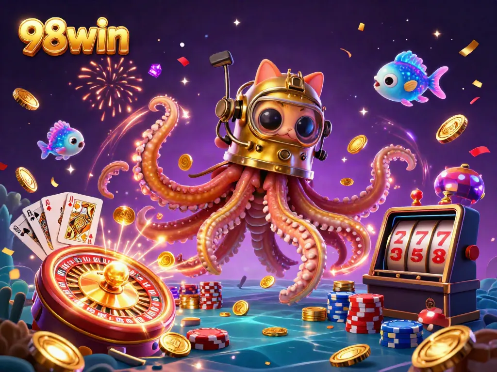 Engage with 98win's thrilling casino scene featuring a kraken and diving cat amidst dynamic gambling elements.