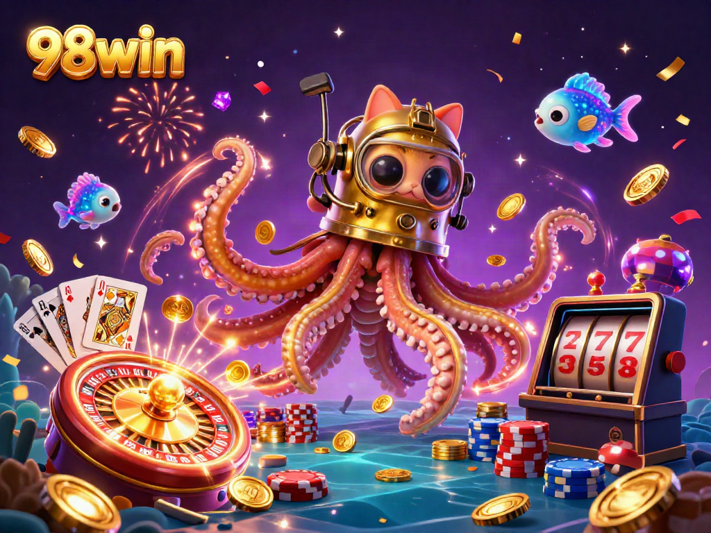 Engage with 98win's thrilling casino scene featuring a kraken and diving cat amidst dynamic gambling elements.