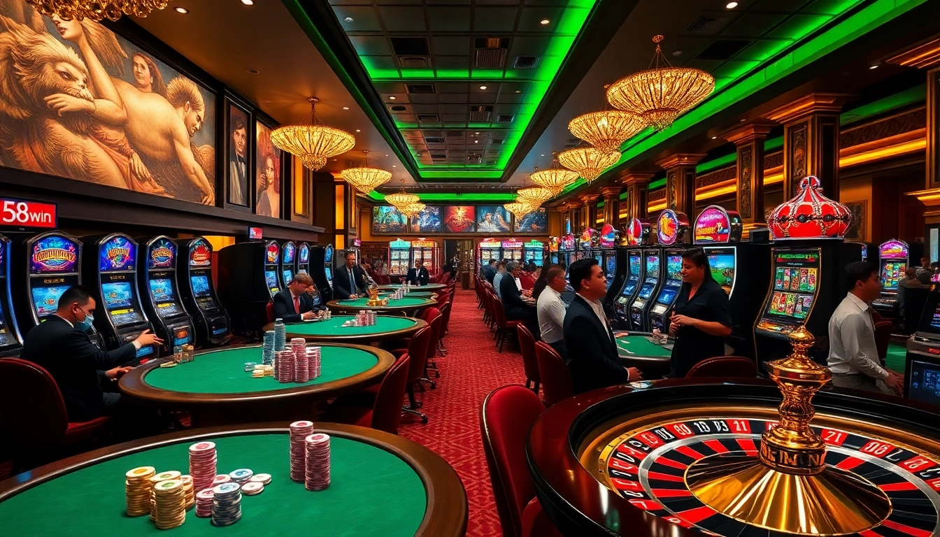 Players at 58win engage in high-stakes poker at a luxury casino table.