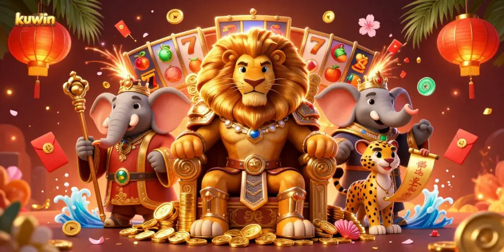 Kuwin's exhilarating casino vibe, featuring a lion king on a throne of golden coins amid lively slot game elements.
