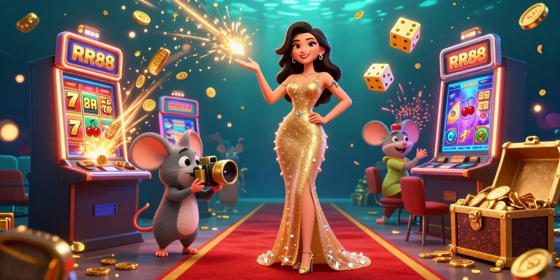 Experience thrilling jackpots at RR88 with vibrant casino elements and a glamorous red carpet atmosphere.