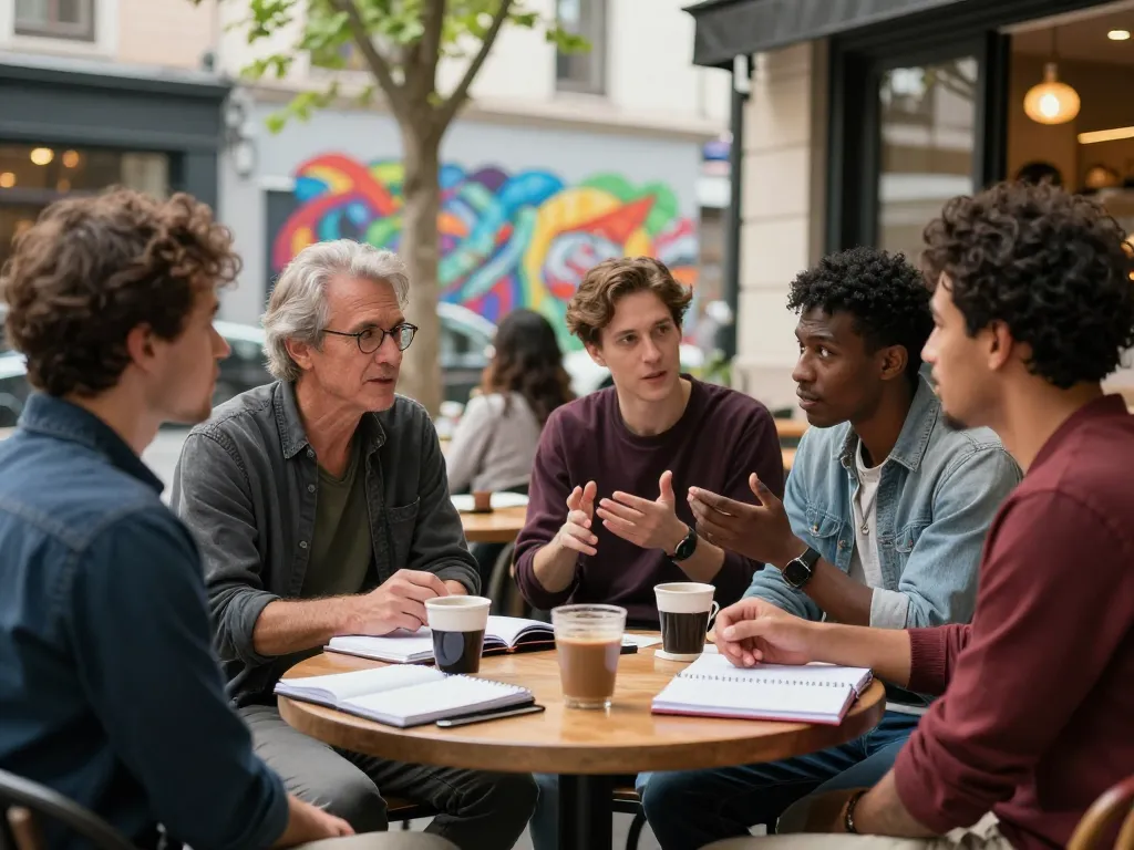 Engaging manclub gathering at an urban café discussing life experiences.