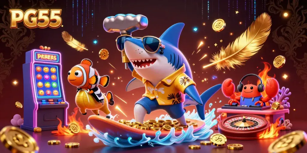 Engage in thrilling online games with PG55: a shark surfing coins amidst a lively casino scene.