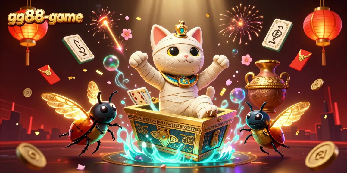 Experience thrilling gameplay at gg88-game with a vibrant 3D casino illustration featuring a mummy cat and gambling elements.