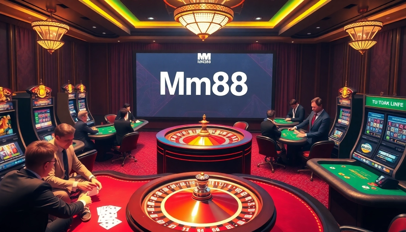 Experience thrills with Link vào Mm88 at a lavish casino scene featuring poker tables and vibrant slot machines.