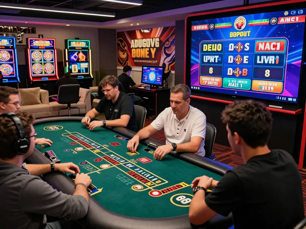 Engaging online gambling experience with gem88 players enjoying slots and baccarat games on devices
