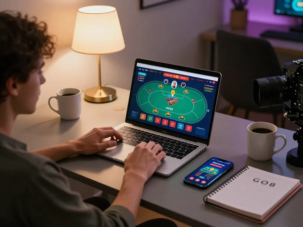 Engaging in online casino gaming at GO8 with laptop and vibrant poker table interface.