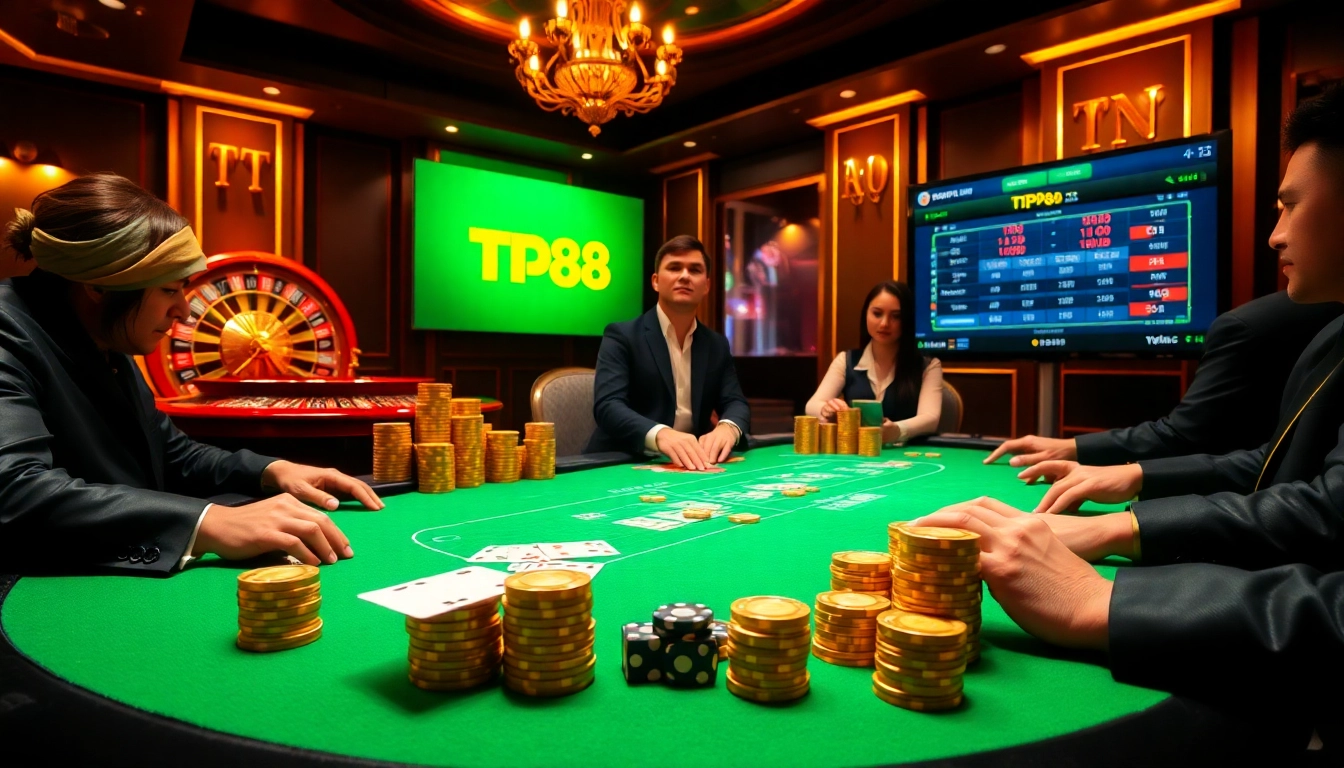 Engaged players enjoy a thrilling TP88 poker game in a luxurious casino setting.