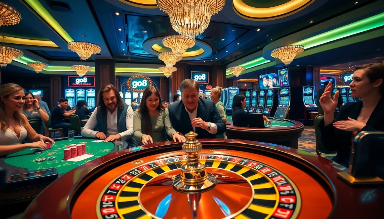 Exciting gaming atmosphere at a luxurious go8 casino with roulette and enthusiastic players.